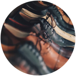 Circular images of brown leather shoes